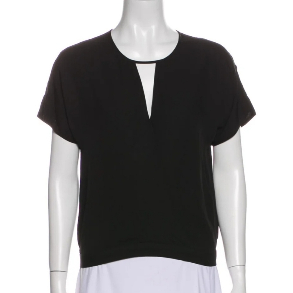 THEORY Silk V-Neck Keyhole Black Shirt Small Petite